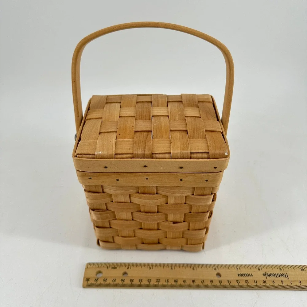 Small Woven Wood Basket with Hinged Lid and Handle Natural Brown Farmhouse Decor